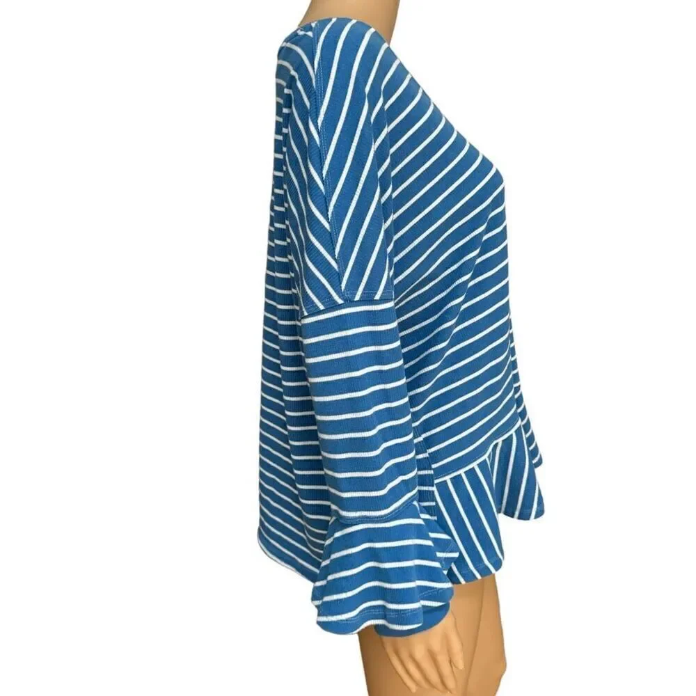 Free People Round About Tee Top Peplum Hem Striped Blue White Combo Sz M